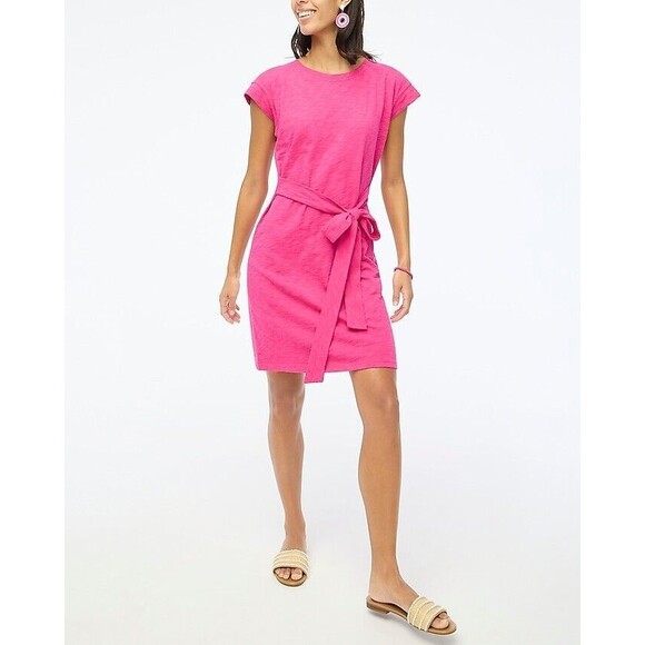J Crew T Shirt Dress Womens Large Tie Waist Mini Cap Sleeves Dolman Cotton BI142 - Picture 1 of 7